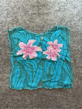 Palm Turquoise Vintage 70s Floral Appliqué Cropped Women's Top Size M